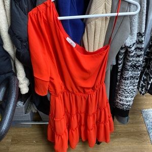 Wayf Tomato Red one shoulder dress with ruffle detail